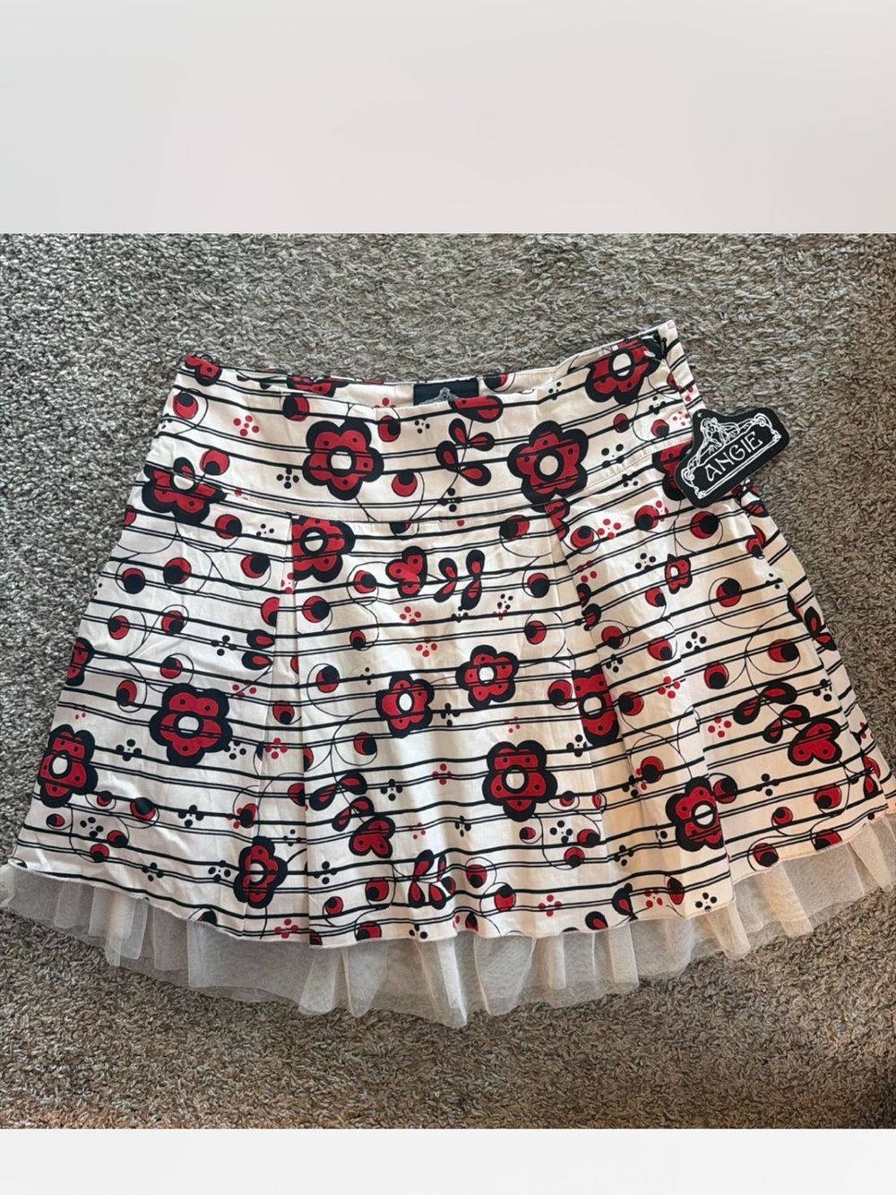 Angie White Skater Skirt with Red Floral Print and Black Stripes